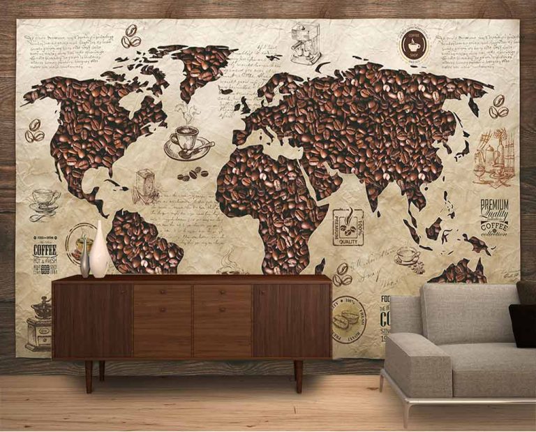 پوستردیواری نقشه جهان با دونه های قهوه