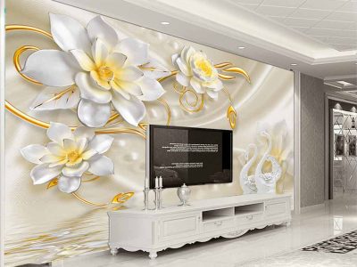 کاغذ دیواری طرح گل سفید طلایی