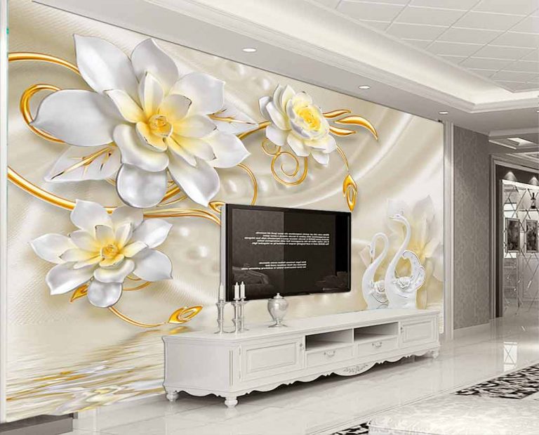 کاغذ دیواری طرح گل سفید طلایی