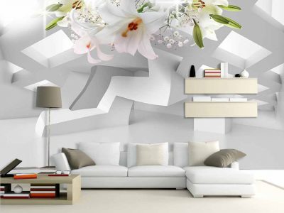 پوستر دیواری طرح سه بعدی با گل های سفید