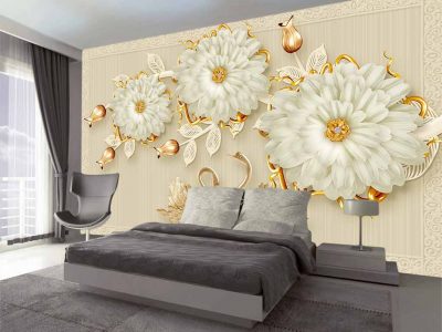 پوستر دیواری گل های سفید با قوهای طلایی