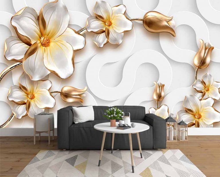 پوستر دیواری گل سفید طلایی با زمینه سه بعدی