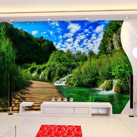 پوستر دیواری منظره ای بکر با پل چوبی