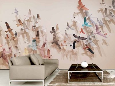 کاغذ دیواری سه بعدی دسته ایی از پرنده ها
