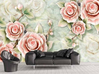کاغذ دیواری سه بعدی گل های رز برجسته