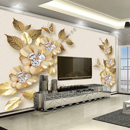 کاغذ دیواری سه بعدی گل های نگینی طلایی