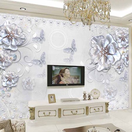 کاغذ دیواری سه بعدی گل های ابی و پروانه ها