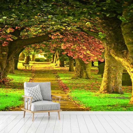 کاغذ دیواری سه بعدی منظره ای از جاده سرسبز