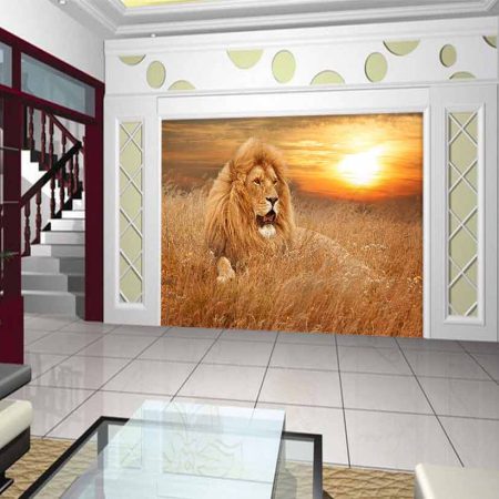 کاغذ دیوازی سه بعدی غروب افتاب و شیر خشمگین