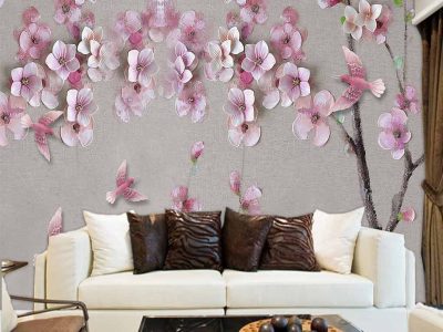 کاغذ دیواری سه بعدی گل های هنری با کبوترهای صورتی
