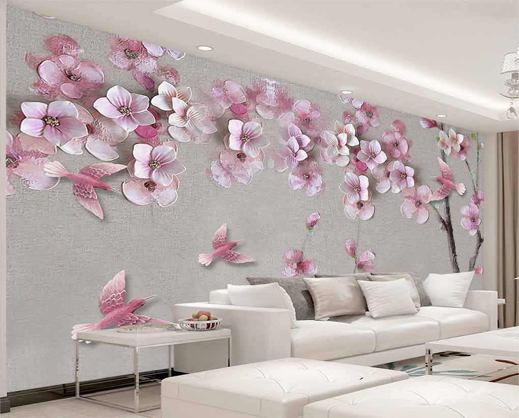 کاغذ دیواری سه بعدی گل های هنری با کبوترهای صورتی