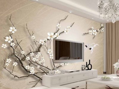 کاغذ دیواری سه بعدی طرح شکوفه های سفید روی شاخه