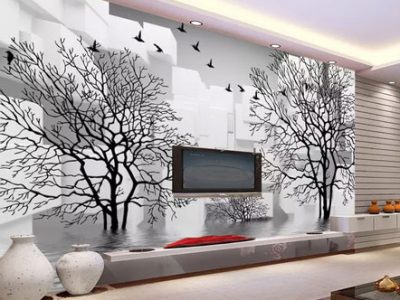 کاغذ دیواری سه بعدی درختان سیاه سفید