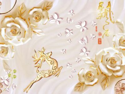 پوستر دیواری گل و گوزن طلایی