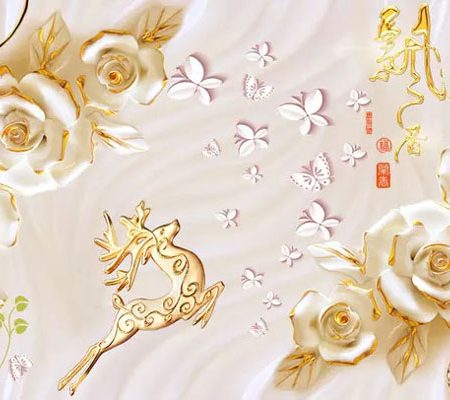 پوستر دیواری گل و گوزن طلایی