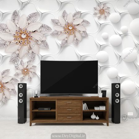 پوستر دیواری پشت تلویزیون گل جواهری سفید BA-3308