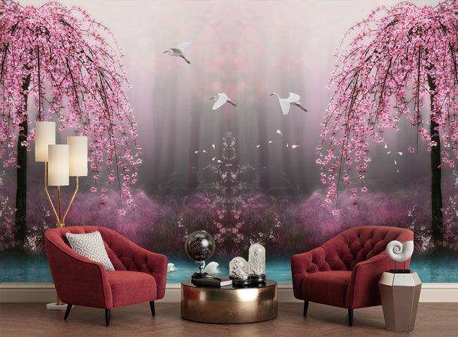 پوستر دیواری درختان با شکوفه صورتی BA-70321