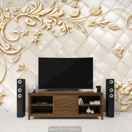 پوستر دیواری پشت تلویزیون گل خطی کرمی BA-9049