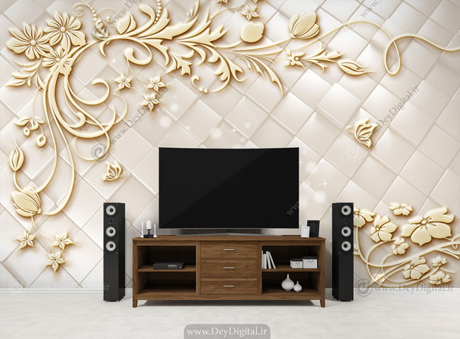 پوستر دیواری پشت تلویزیون گل خطی کرمی BA-9049