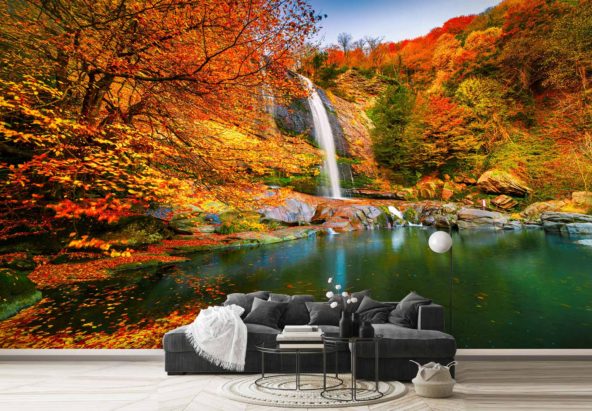 پوستر دیواری جنگل پاییزی و آبشار ba-5836