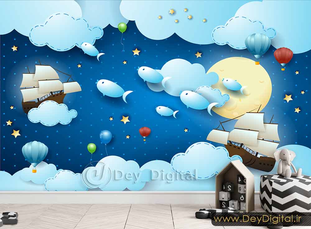 کاغذ دیواری سه بعدی ابر و ماه ba-5934