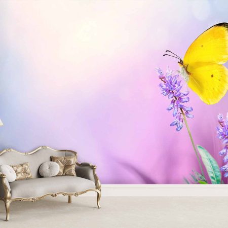 پوستر دیواری پروانه زرد و گل بنفش ba-6021