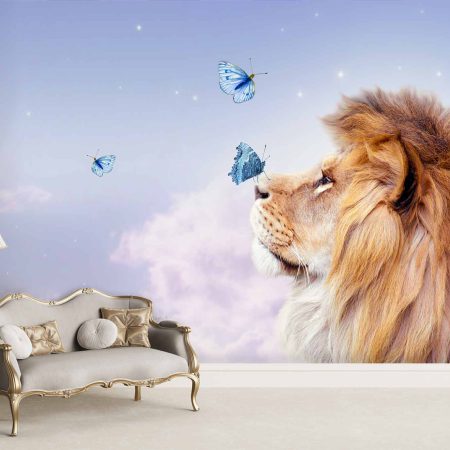 کاغذ دیواری شیر یال دار با پروانه ها ba-6035