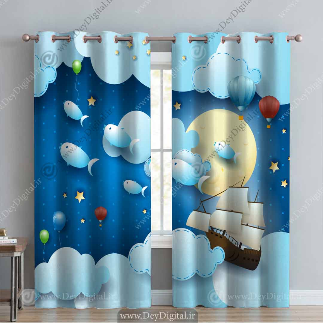 پرده چاپی کشتی و ماهی کارتونی pk-3320