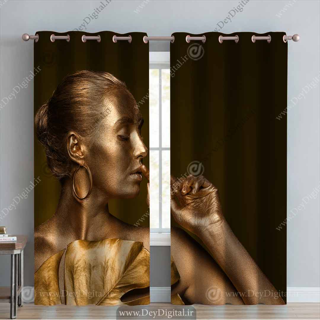 پرده چاپی سه بعدی برگ طلایی و نیم تنه زن pk-3402