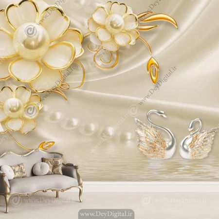کاغذ دیواری پشت تی وی سه بعدی گل طلایی BA-5105