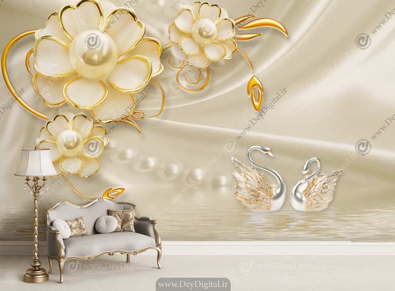 کاغذ دیواری پشت تی وی سه بعدی گل طلایی BA-5105