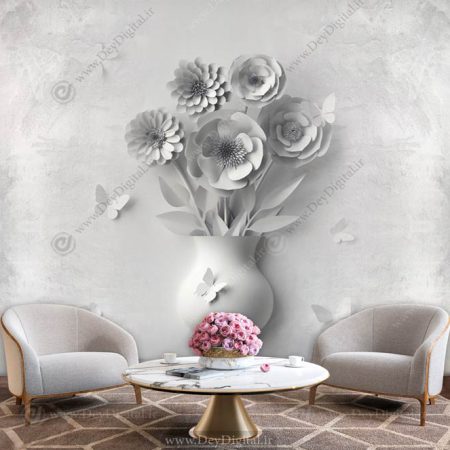 پوستر دیواری سه بعدی گچبری گلدون گل
