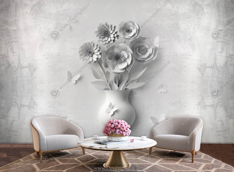 پوستر دیواری سه بعدی گچبری گلدون گل