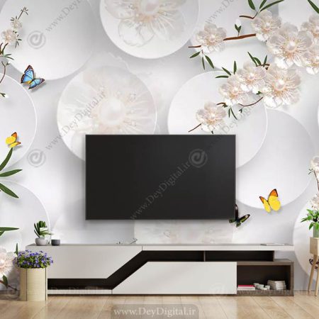 کاغذ دیواری برای پشت تلویزیون طرح سه بعدی گل