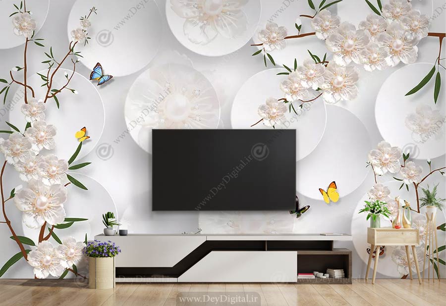کاغذ دیواری برای پشت تلویزیون طرح سه بعدی گل