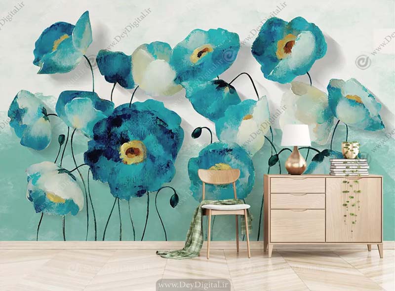 پوستر دیواری اتاق خواب طرح گل های آبی