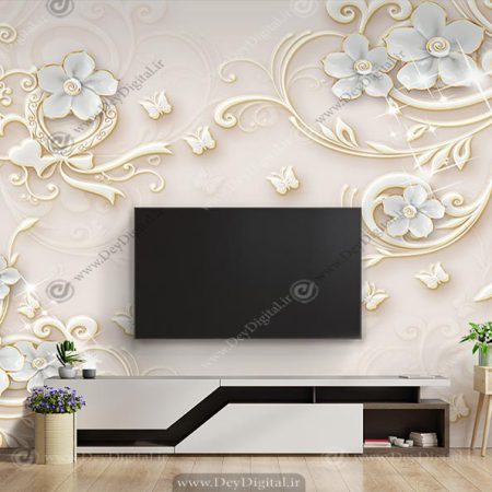 پوستر دیواری پشت تلویزیون گل طلایی