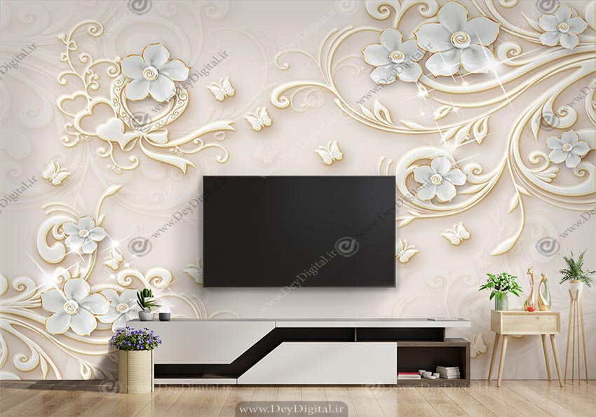 پوستر دیواری پشت تلویزیون گل طلایی