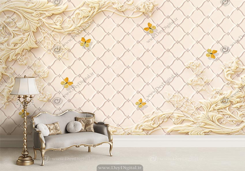 کاغذ دیواری پذیرایی سفید طلایی BA-4278