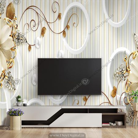 پوستر دیواری پشت تلویزیون گل سه بعدی طلایی BA-2653