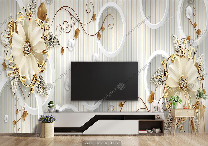 پوستر دیواری پشت تلویزیون گل سه بعدی طلایی BA-2653