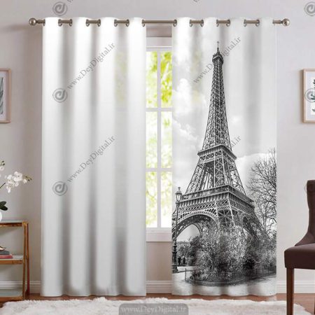 پرده پانچی طرح برج ایفل سیاه سفید PK-4630