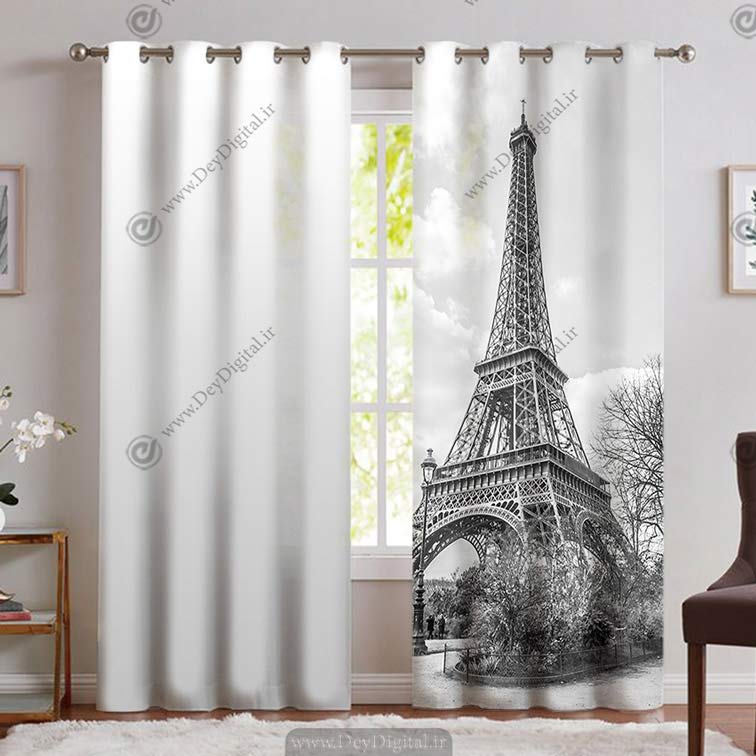 پرده پانچی طرح برج ایفل سیاه سفید PK-4630