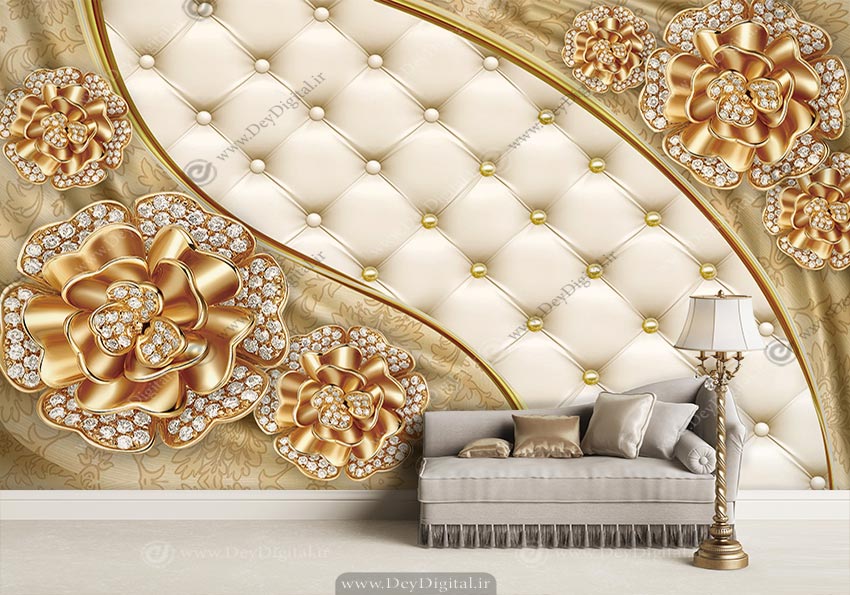 پوستر دیواری گل طلایی نگینی برای پشت تی وی ba-4601