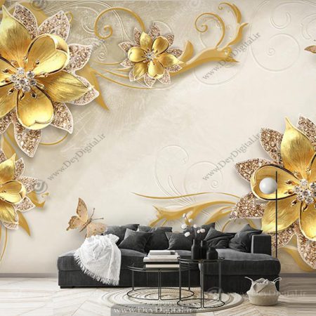 پوستر دیواری پذیرایی گل طلایی سه بعدی ba-4653
