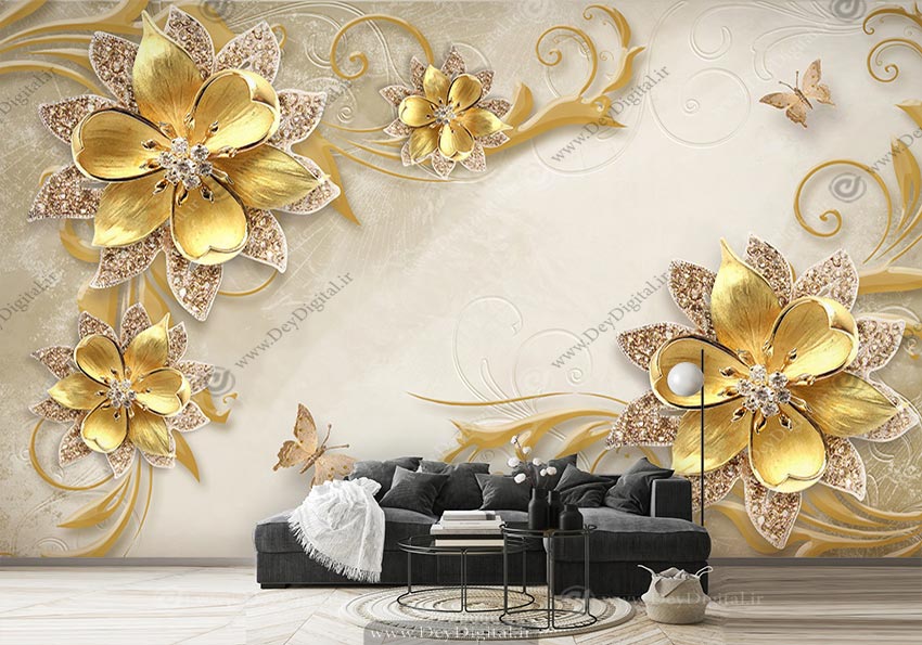 پوستر دیواری پذیرایی گل طلایی سه بعدی ba-4653