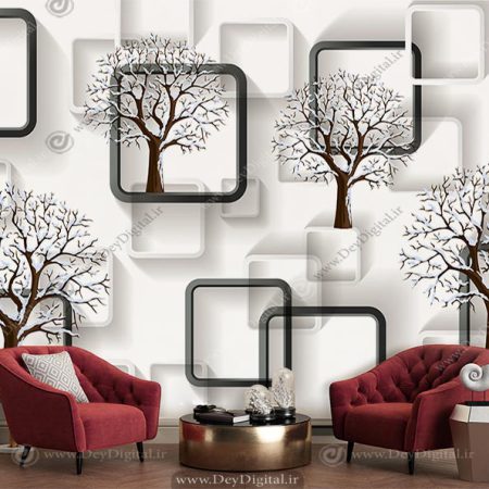پوستر دیواری مدل سه بعدی مدرن با فرم هندسی و درخت برای پشت تلویزیون