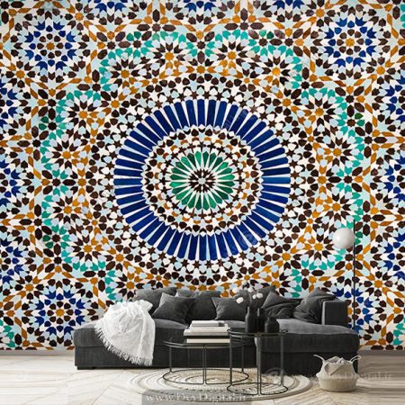 پوستر دیواری طرح کاشیکاری سنتی یک شمسه بزرگ با فرم های هندسی و رنگ های متنوع پوستر دیواری طرح کاشیکاری سنتی یک شمسه بزرگ با فرم های هندسی و رنگ های متنوع