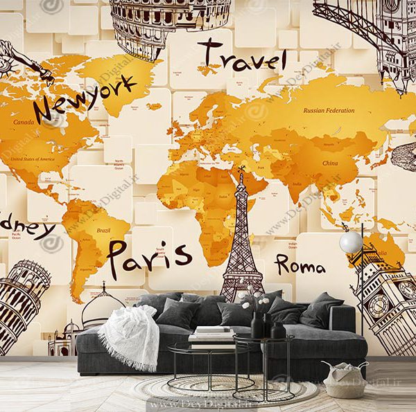 پوستر سه بعدی نقشه طلایی با وکتور اماکن معروف جهان برای آژانس
