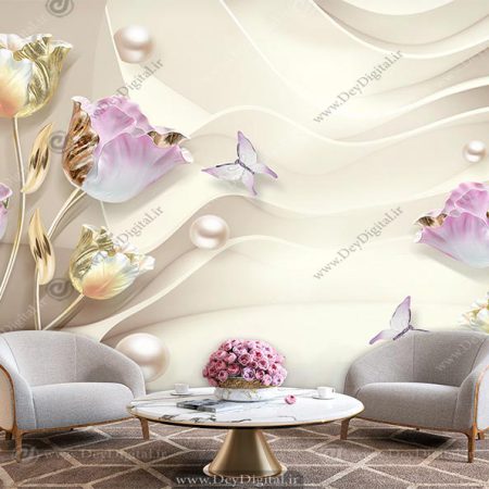 پوستر دیواری شیک منزل طرح گل سه بعدی طلایی و یاسی برای پشت تلویزیون